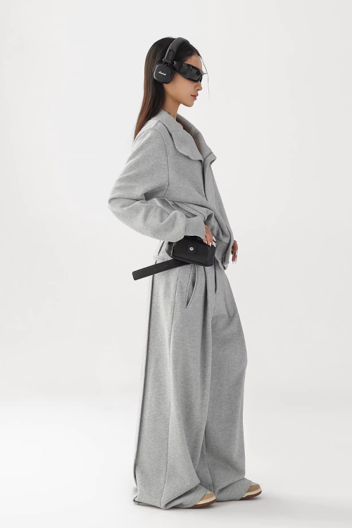 Stand Collar Cropped Jacket / Casual Wide Pants