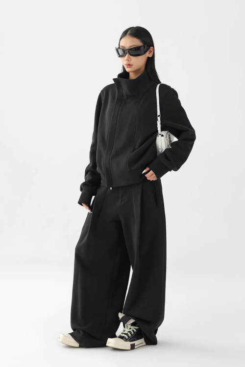 Stand Collar Cropped Jacket / Casual Wide Pants