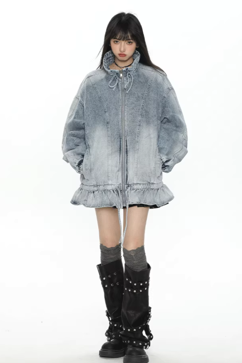 Stand Collar Flare Denim Jacket