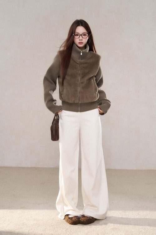 Stand Collar Fur Knit Jacket