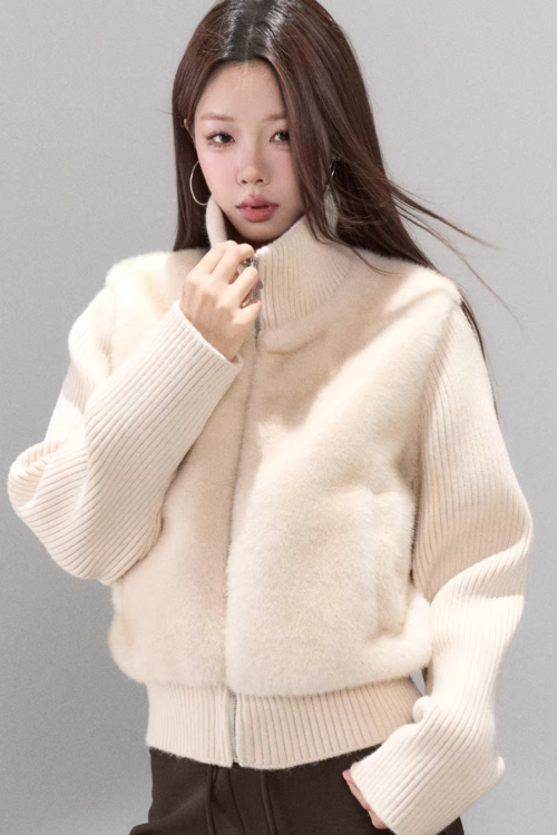 Stand Collar Fur Knit Jacket