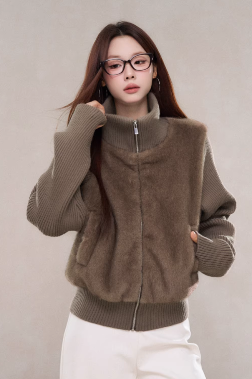 Stand Collar Fur Knit Jacket