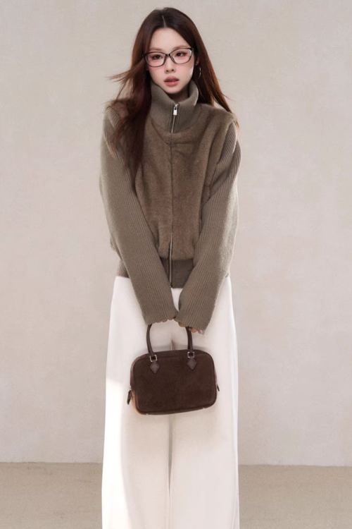 Stand Collar Fur Knit Jacket