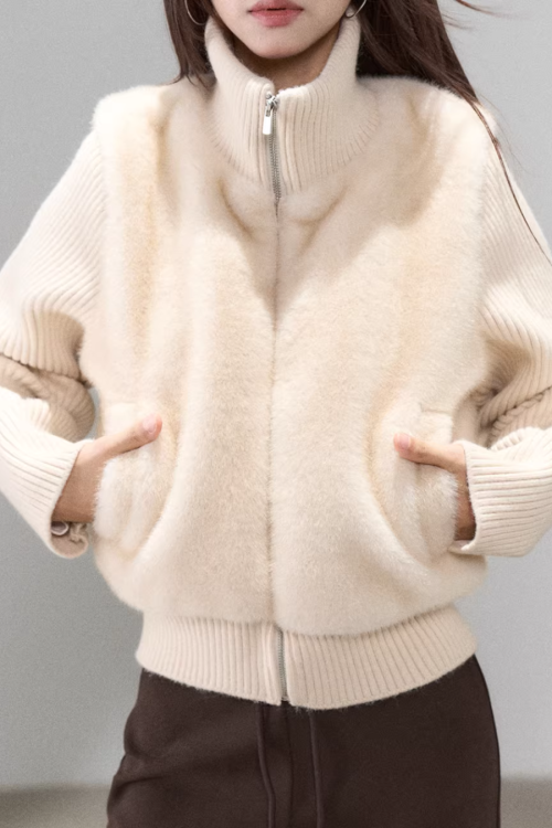 Stand Collar Fur Knit Jacket
