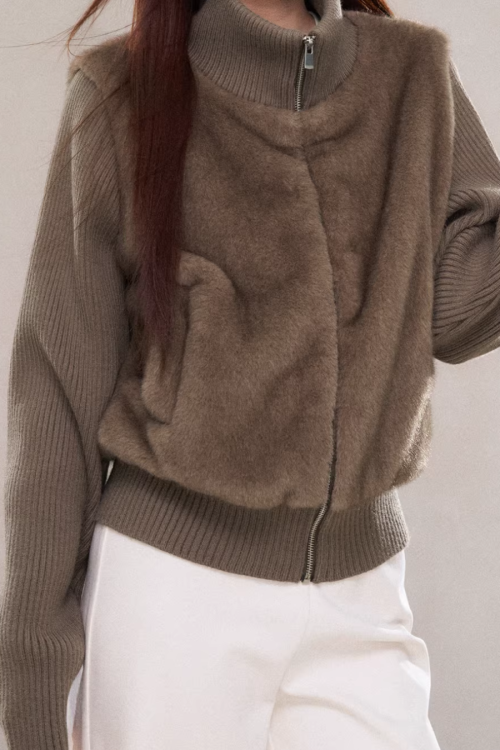 Stand Collar Fur Knit Jacket