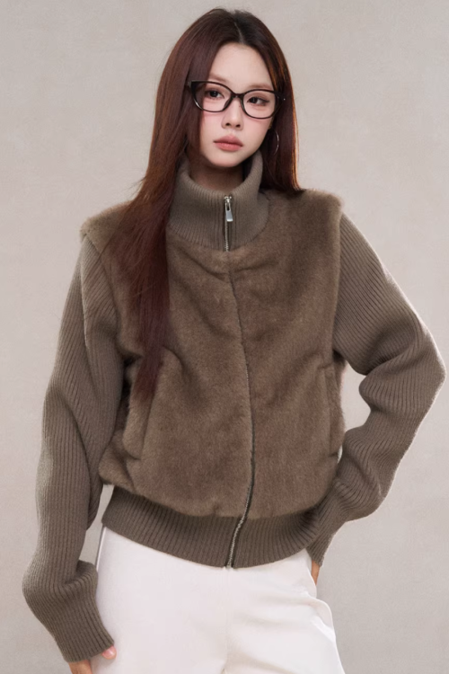 Stand Collar Fur Knit Jacket