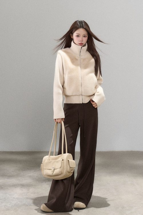 Stand Collar Fur Knit Jacket