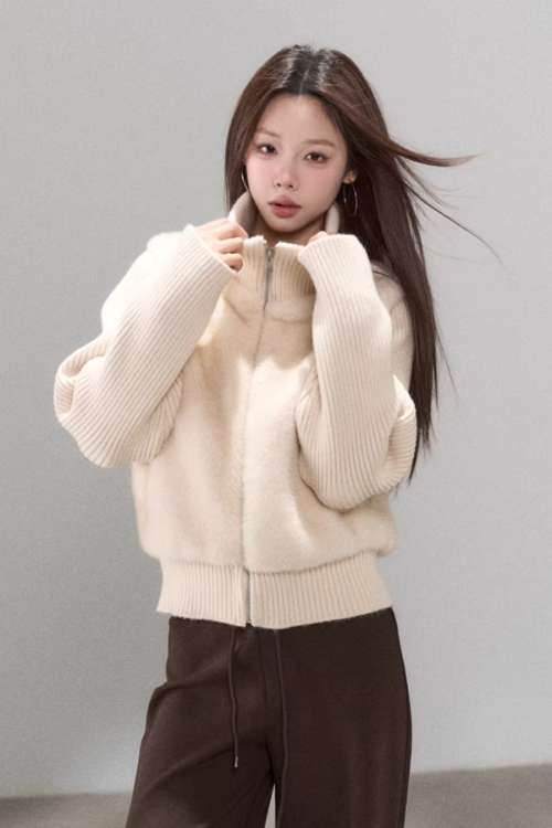 Stand Collar Fur Knit Jacket