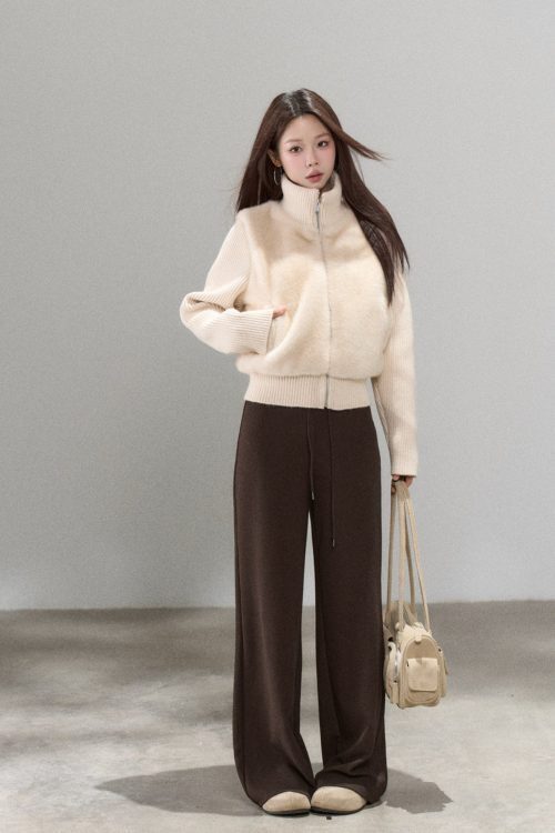 Stand Collar Fur Knit Jacket