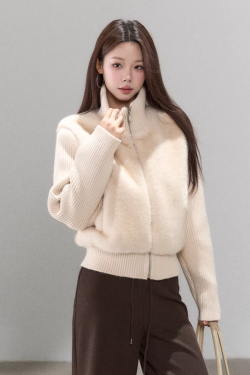 Stand Collar Fur Knit Jacket