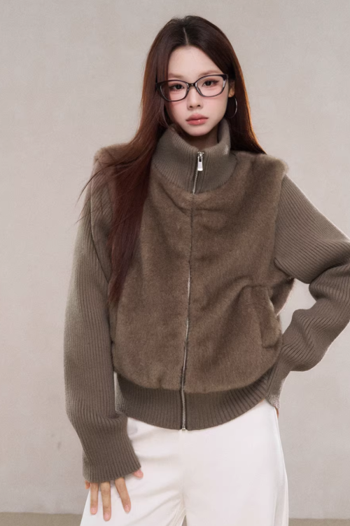 Stand Collar Fur Knit Jacket