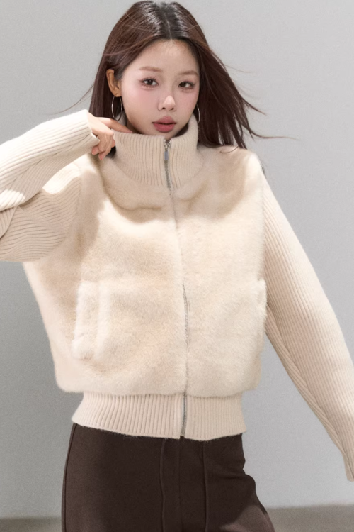 Stand Collar Fur Knit Jacket