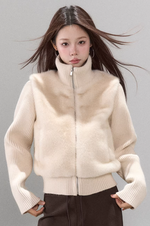 Stand Collar Fur Knit Jacket
