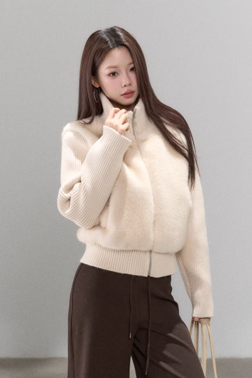 Stand Collar Fur Knit Jacket