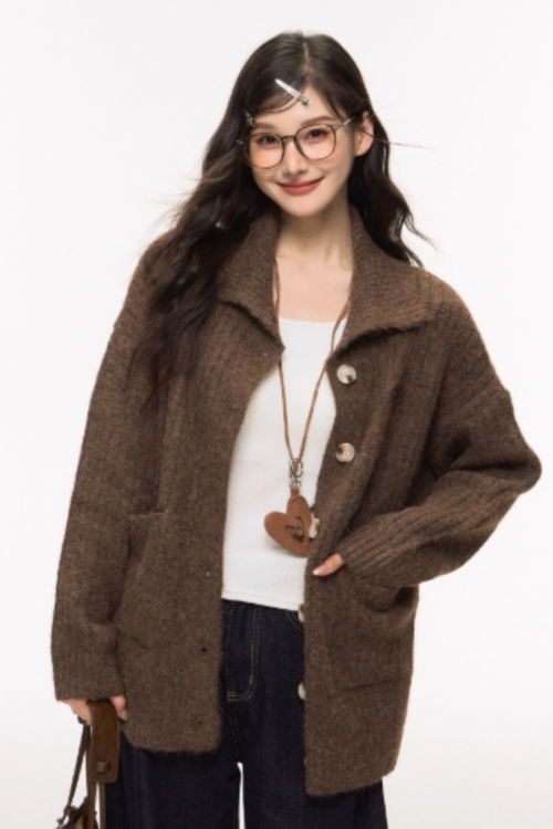 Stand Collar Knit Cardigan / Wide Denim Pants