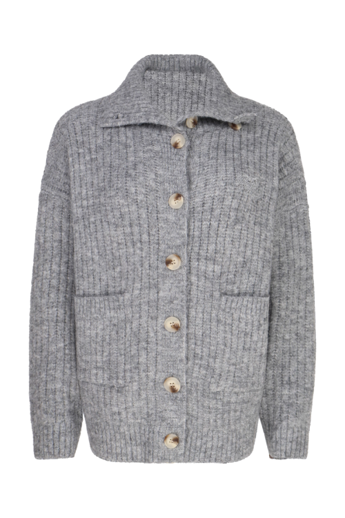 Stand Collar Knit Cardigan / Wide Denim Pants