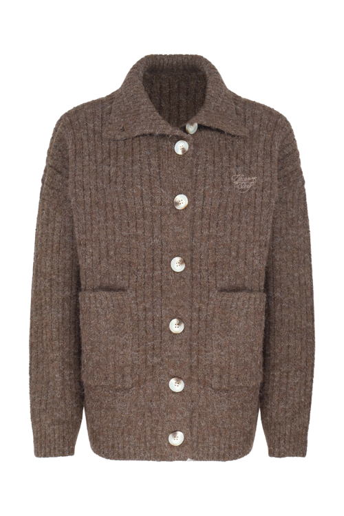 Stand Collar Knit Cardigan / Wide Denim Pants