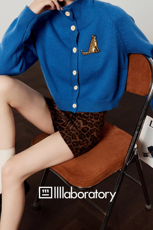Stand Collar Knit Top / Leopard Print Mini Skirt