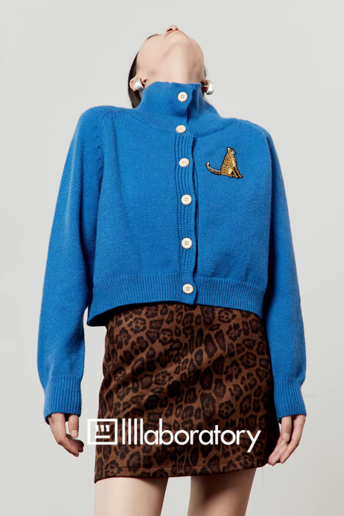 Stand Collar Knit Top / Leopard Print Mini Skirt