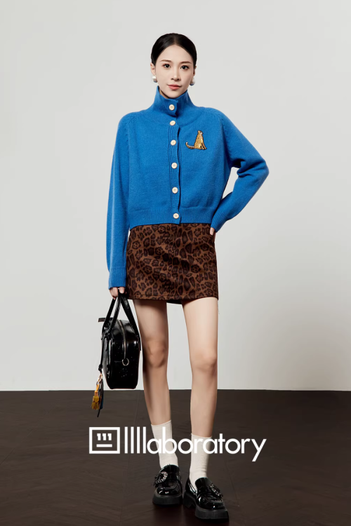 Stand Collar Knit Top / Leopard Print Mini Skirt
