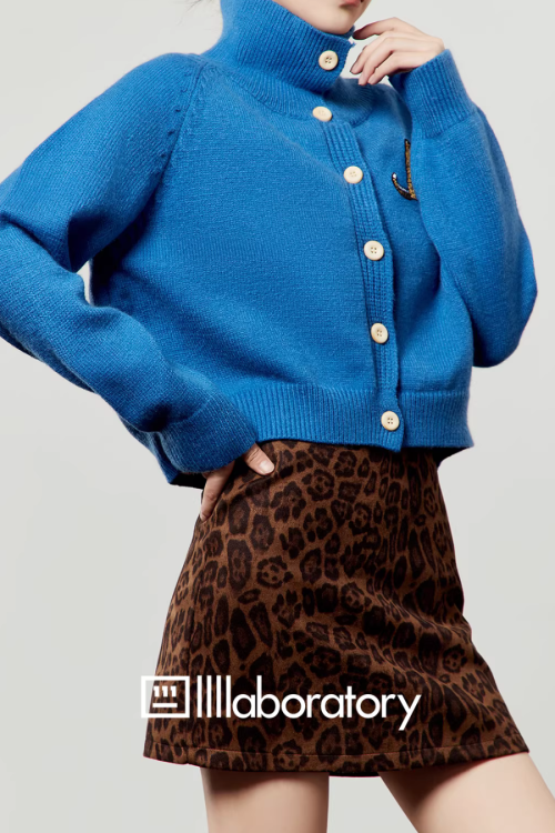 Stand Collar Knit Top / Leopard Print Mini Skirt