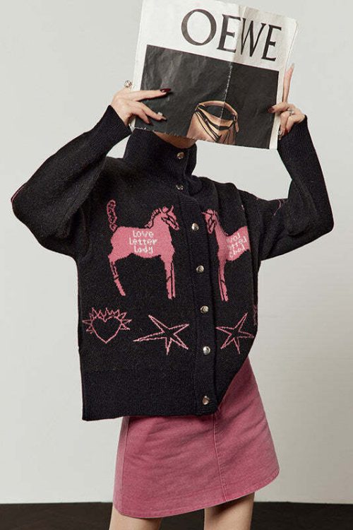 Stand Collar Knit Top / Pink Mini Skirt