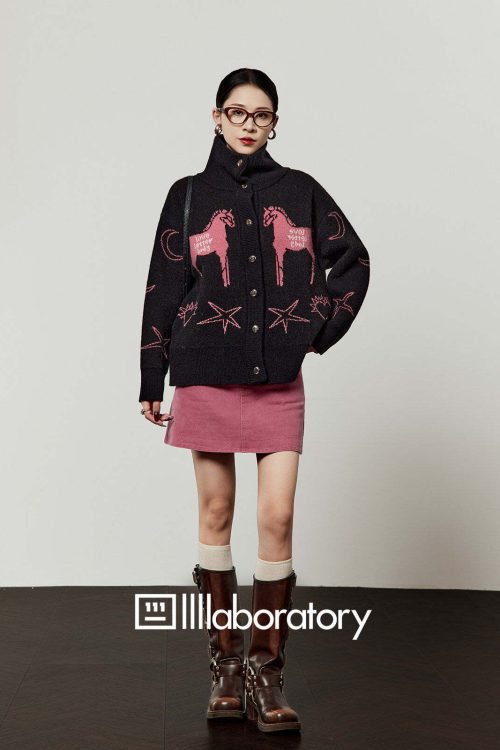 Stand Collar Knit Top / Pink Mini Skirt