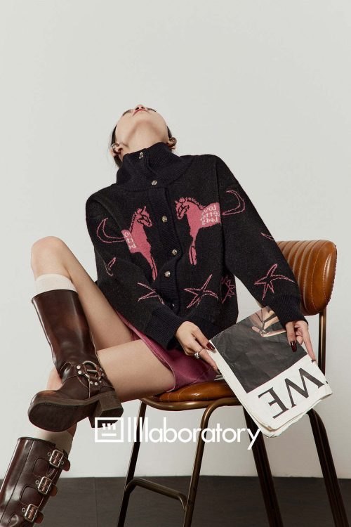 Stand Collar Knit Top / Pink Mini Skirt