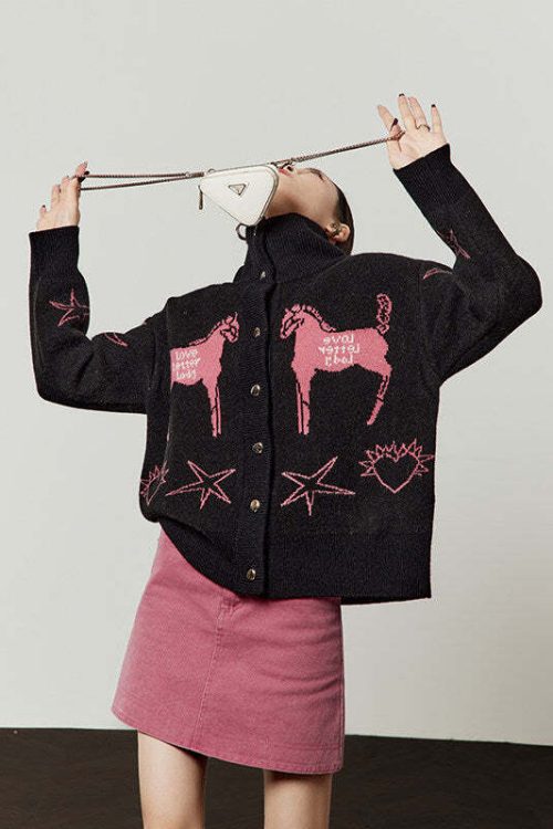 Stand Collar Knit Top / Pink Mini Skirt