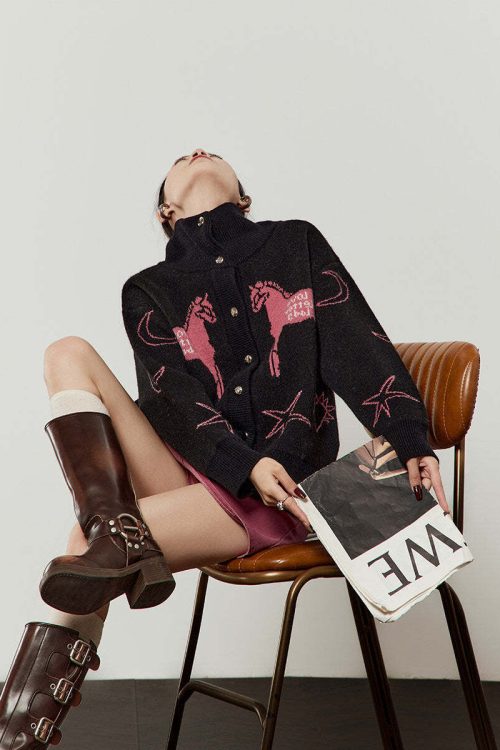 Stand Collar Knit Top / Pink Mini Skirt