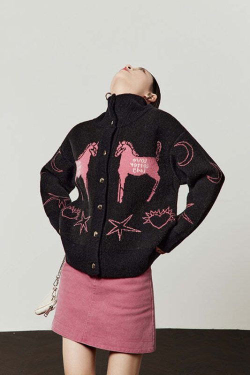 Stand Collar Knit Top / Pink Mini Skirt