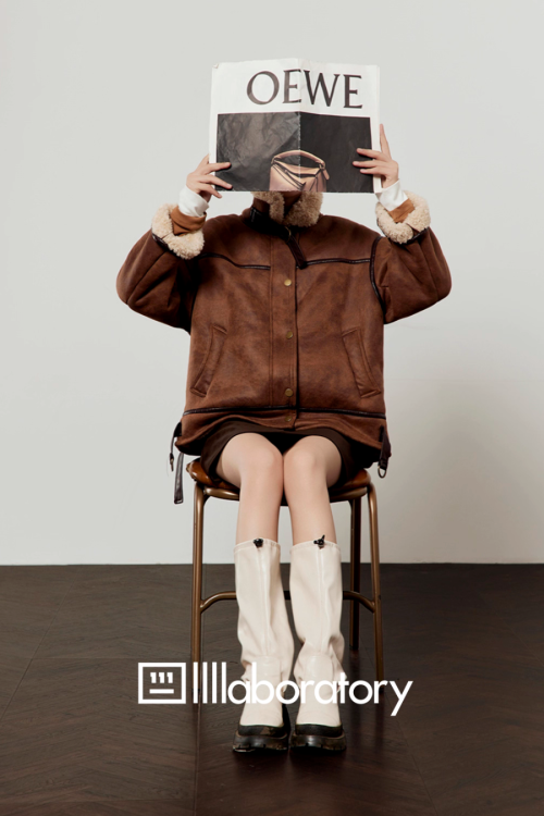 Stand Collar Mouton Jacket / Suede Mini Skirt