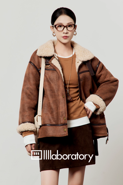 Stand Collar Mouton Jacket / Suede Mini Skirt