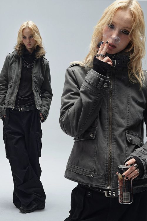 Stand Collar Punk Washed Jacket