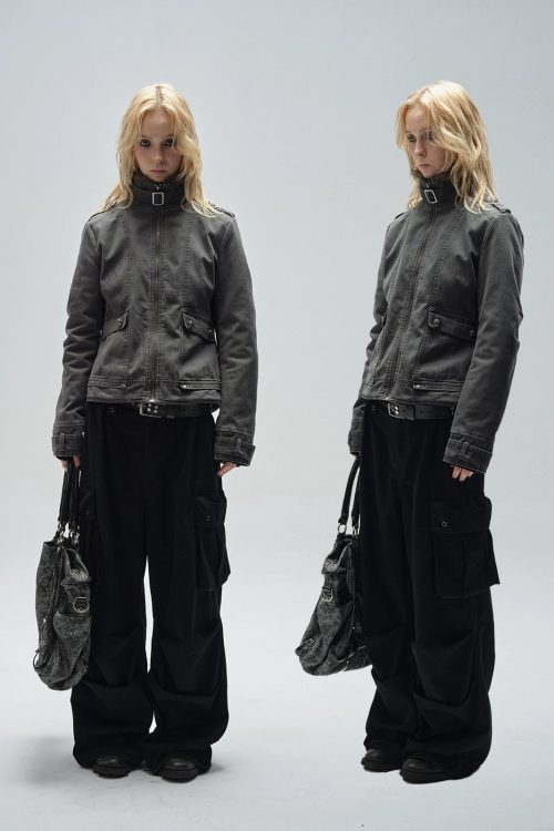 Stand Collar Punk Washed Jacket