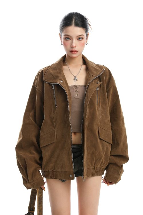 Stand Collar Suede Work Jacket