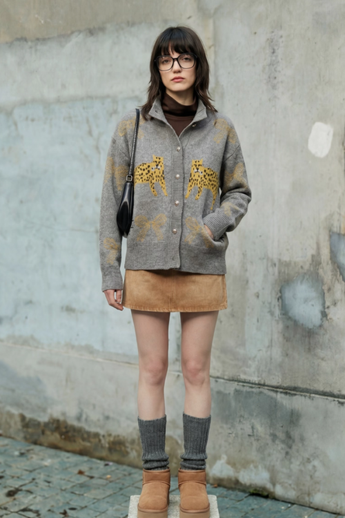 Stand Collar Tiger Knit Top / Mini Skirt