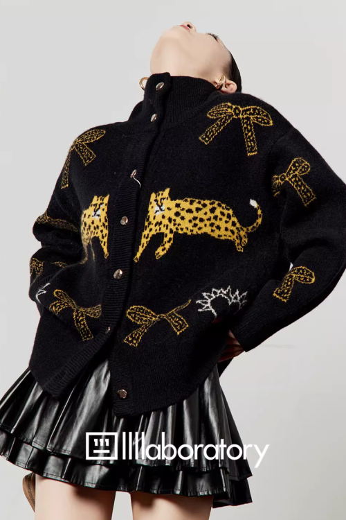 Stand Collar Tiger Knit Top / Mini Skirt