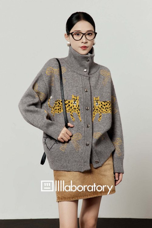 Stand Collar Tiger Knit Top / Mini Skirt