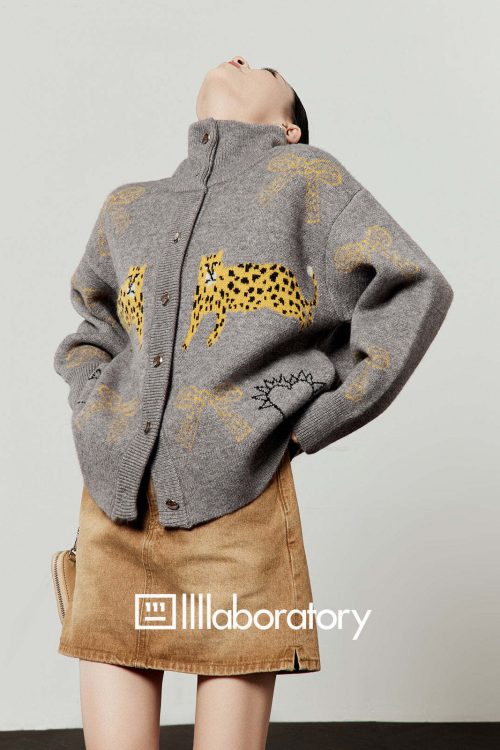 Stand Collar Tiger Knit Top / Mini Skirt