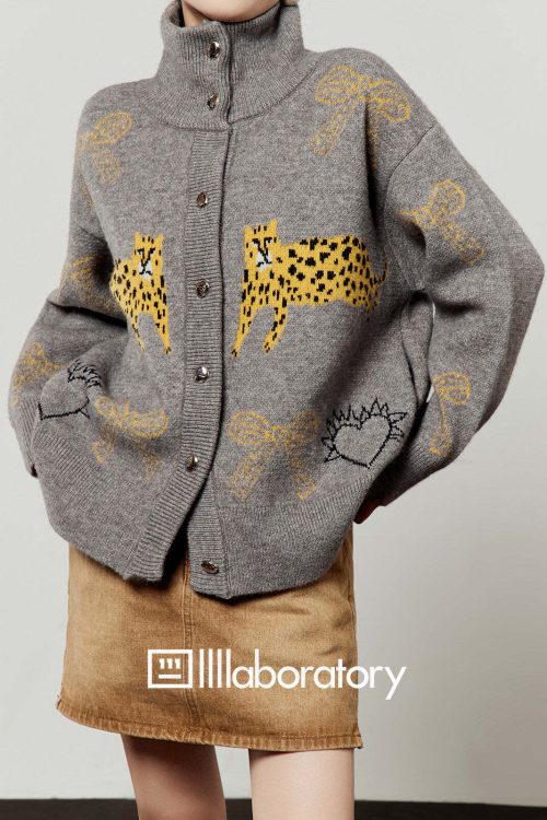 Stand Collar Tiger Knit Top / Mini Skirt
