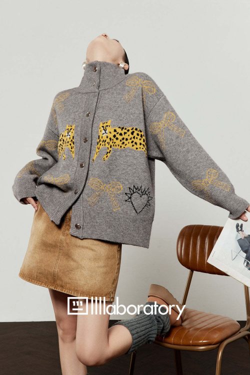 Stand Collar Tiger Knit Top / Mini Skirt