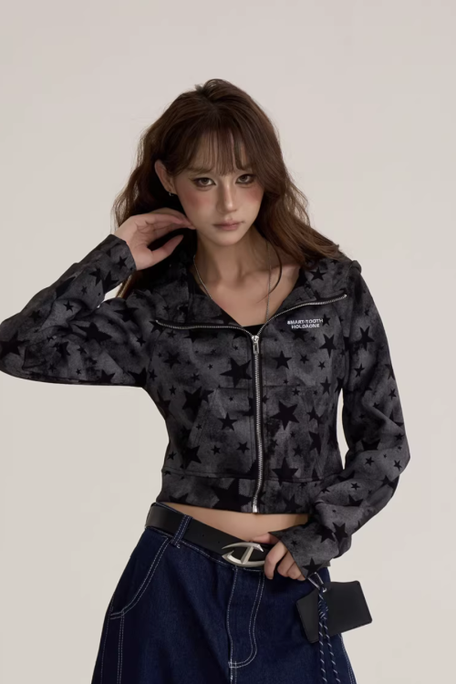 Star-Patterned Zip-Up Hoodie