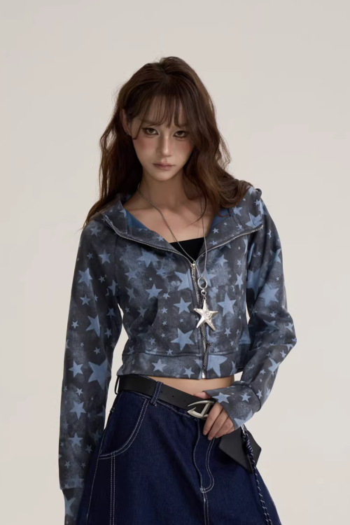 Star-Patterned Zip-Up Hoodie