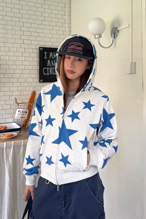 Star Print Zip Up Hoodie
