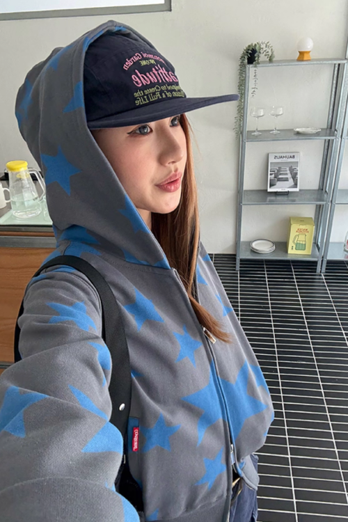 Star Print Zip Up Hoodie