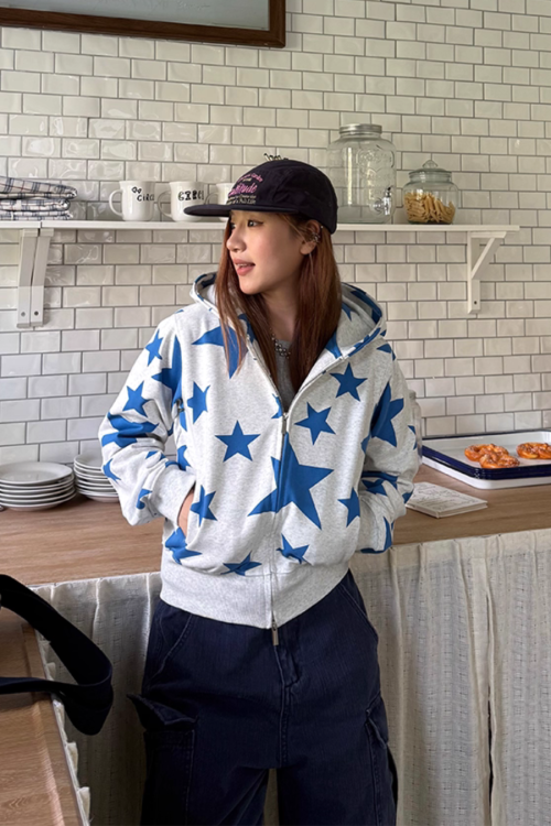 Star Print Zip Up Hoodie