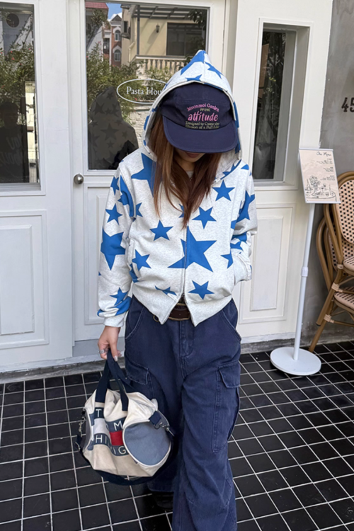 Star Print Zip Up Hoodie
