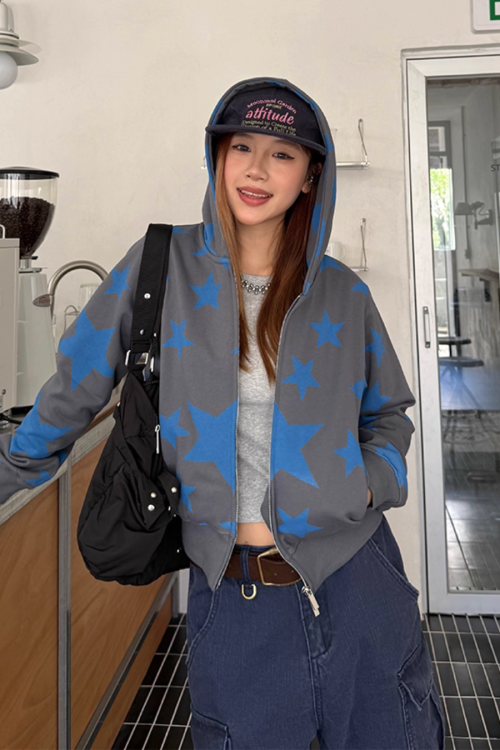 Star Print Zip Up Hoodie