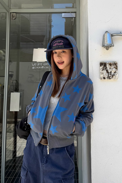 Star Print Zip Up Hoodie